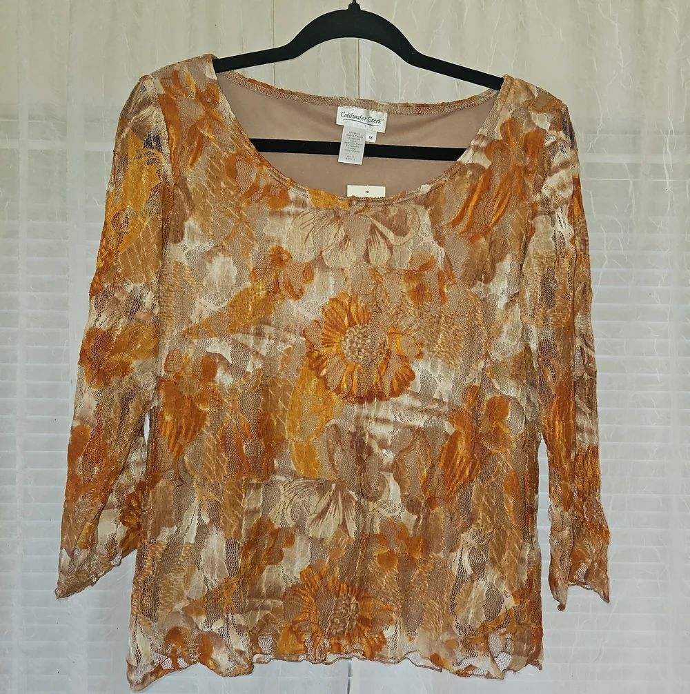 Coldwater Creek Amber & Cream Golden Floral Lace Blouse - Picture 1 of 11